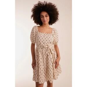 Smocked Linen Dress Womens L Off White Coquette Milkmaid Mini Cottagecore Bow